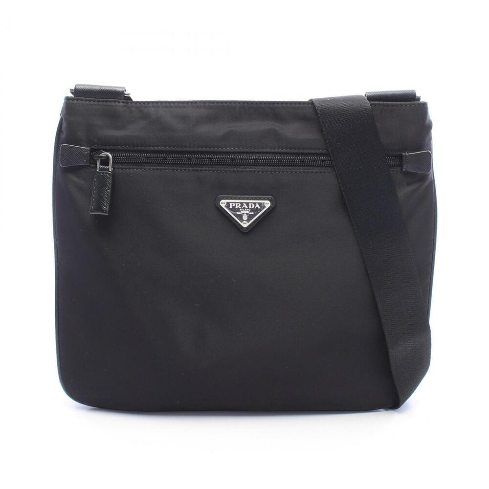 Prada Triangle Logo Shoulder Bag/Handbag, Nylon and Leather, Women's, Black